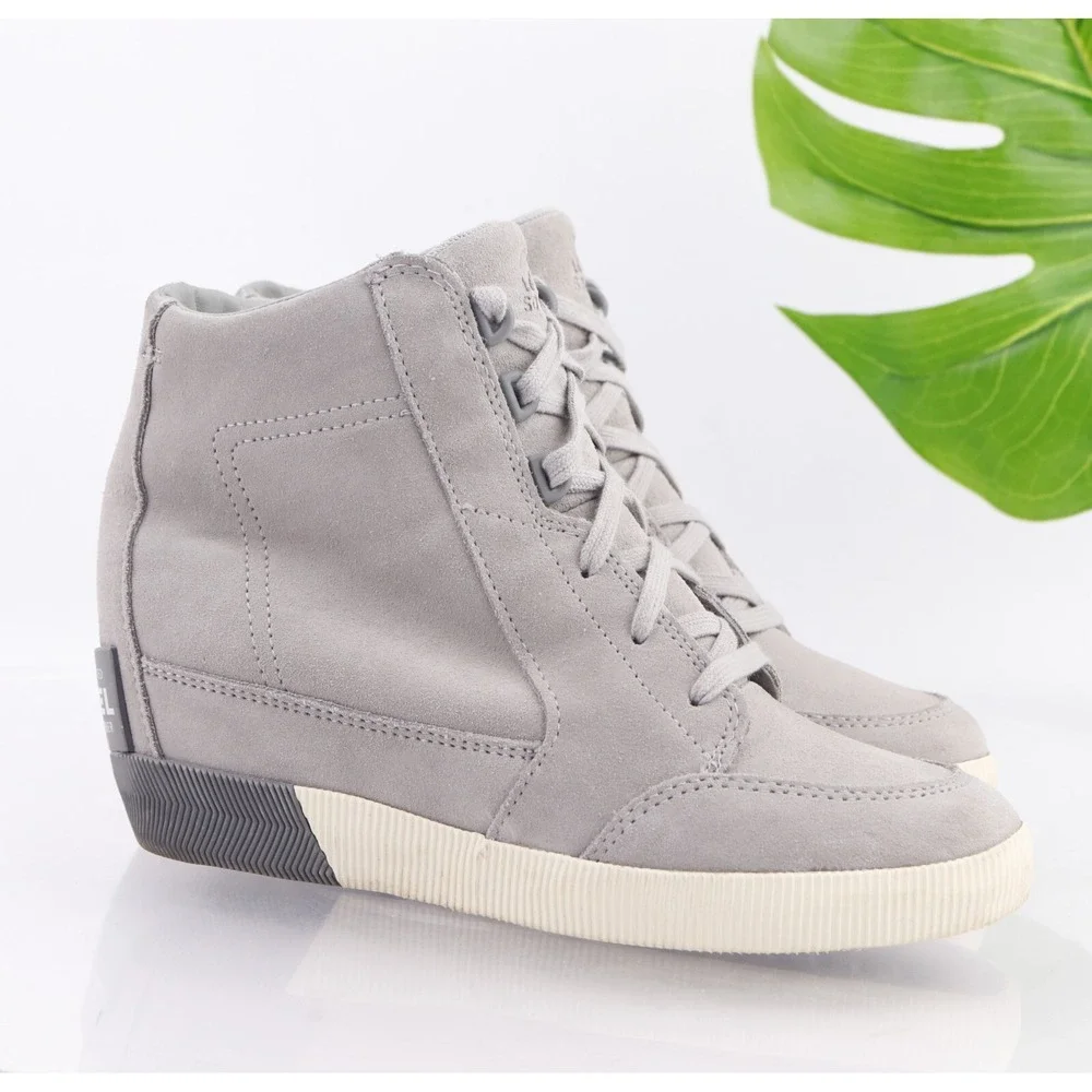Sorel Womens Out N About Boots Size 8.5 Waterproof Gray Suede Wedge Heel Lace Up